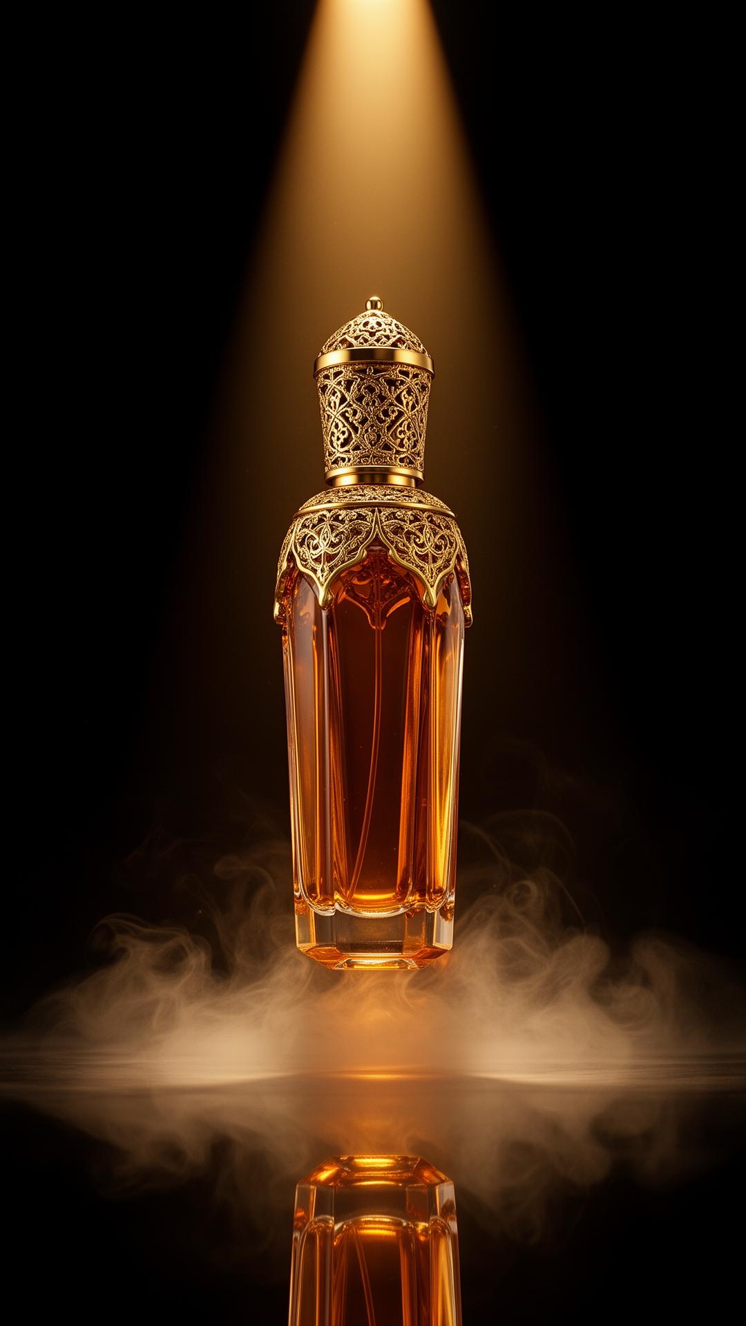 Frasco de perfume árabe de cristal y oro flotando en la oscuridad